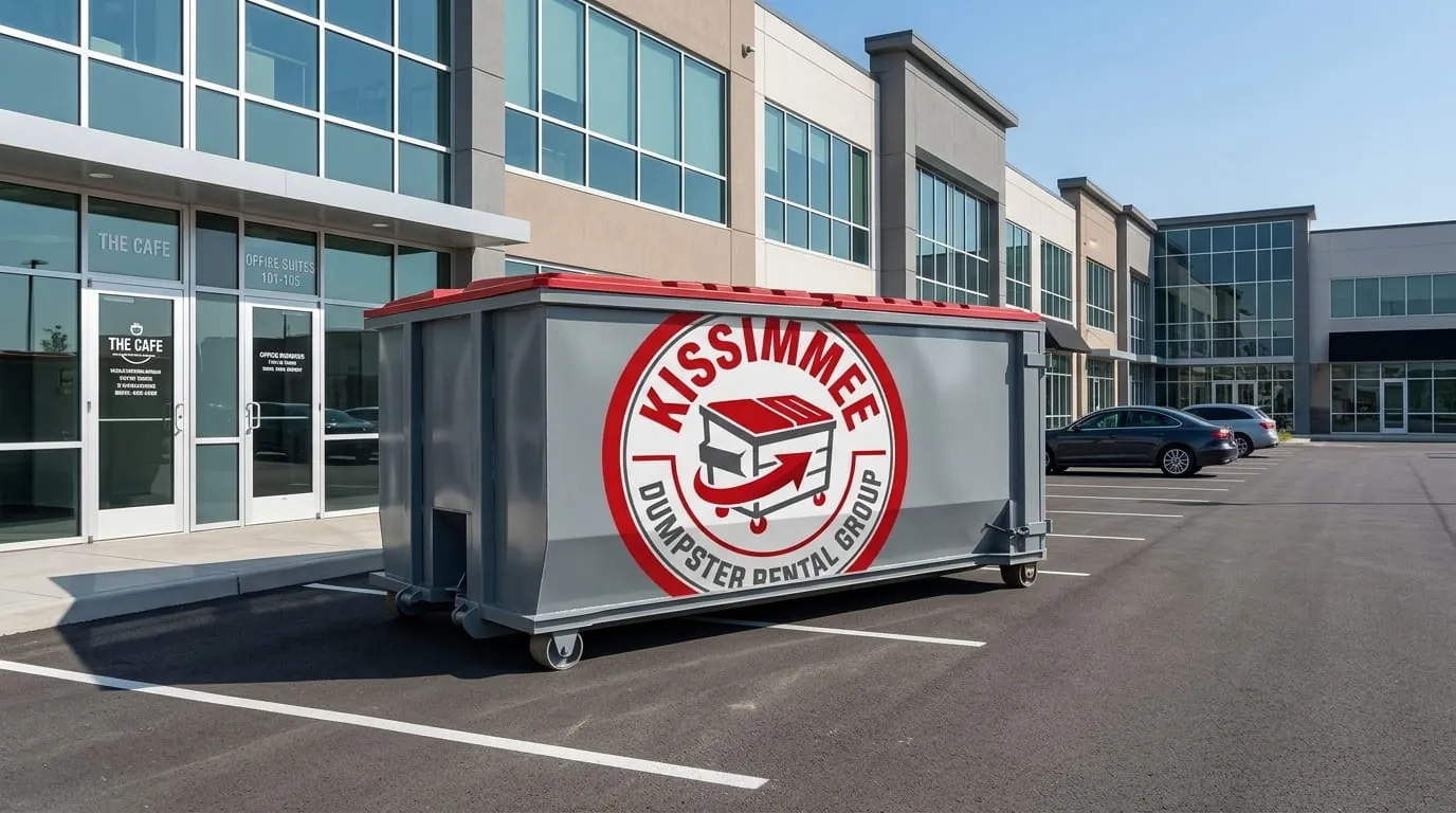 Commercial roll-off dumpster positioned outside an office building in Kissimmee, Florida Commercial roll-off dumpster positioned outside an office building in Kissimmee, Florida