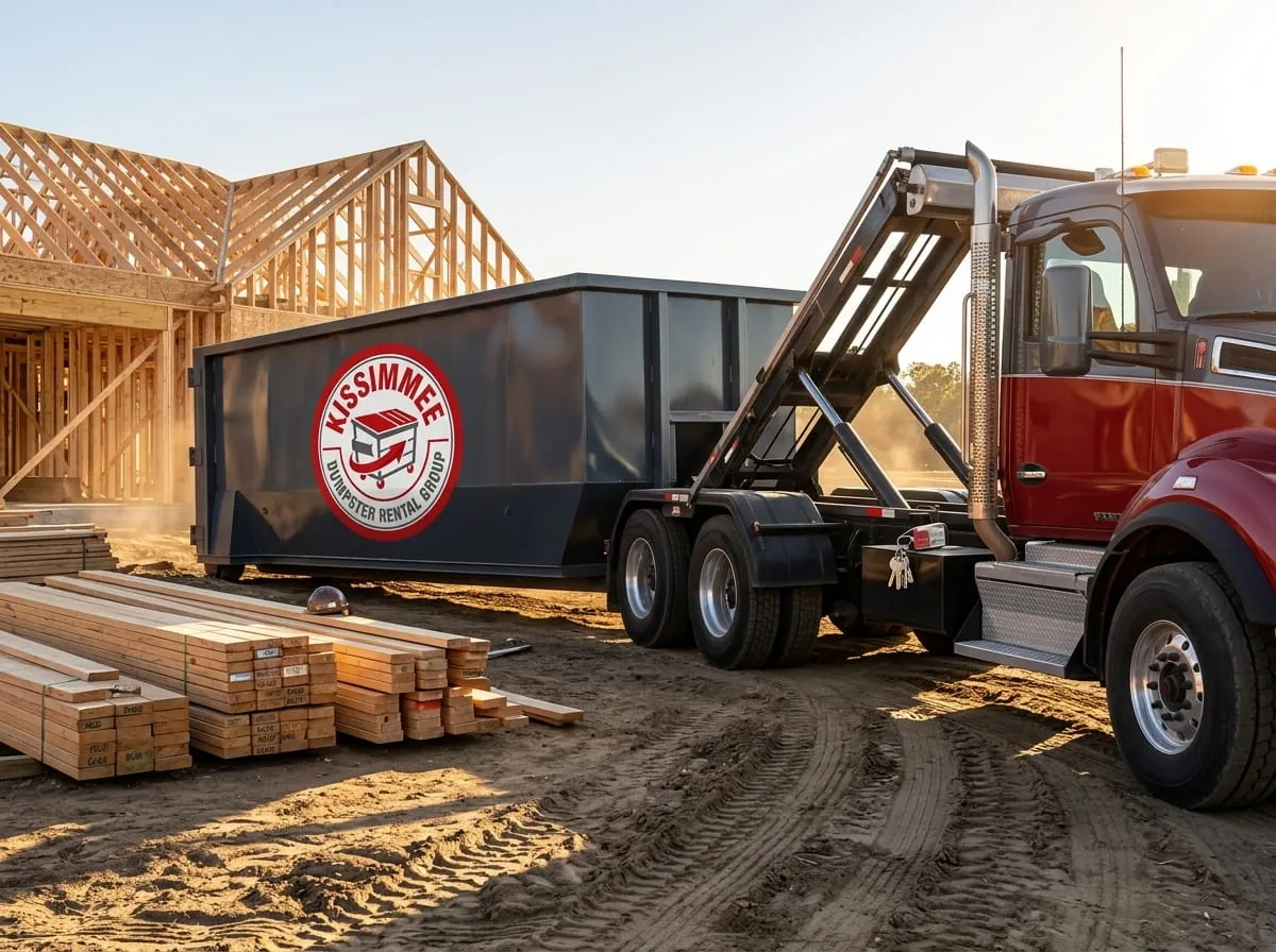 Construction and demolition debris loaded in a roll-off dumpster in Kissimmee, Florida