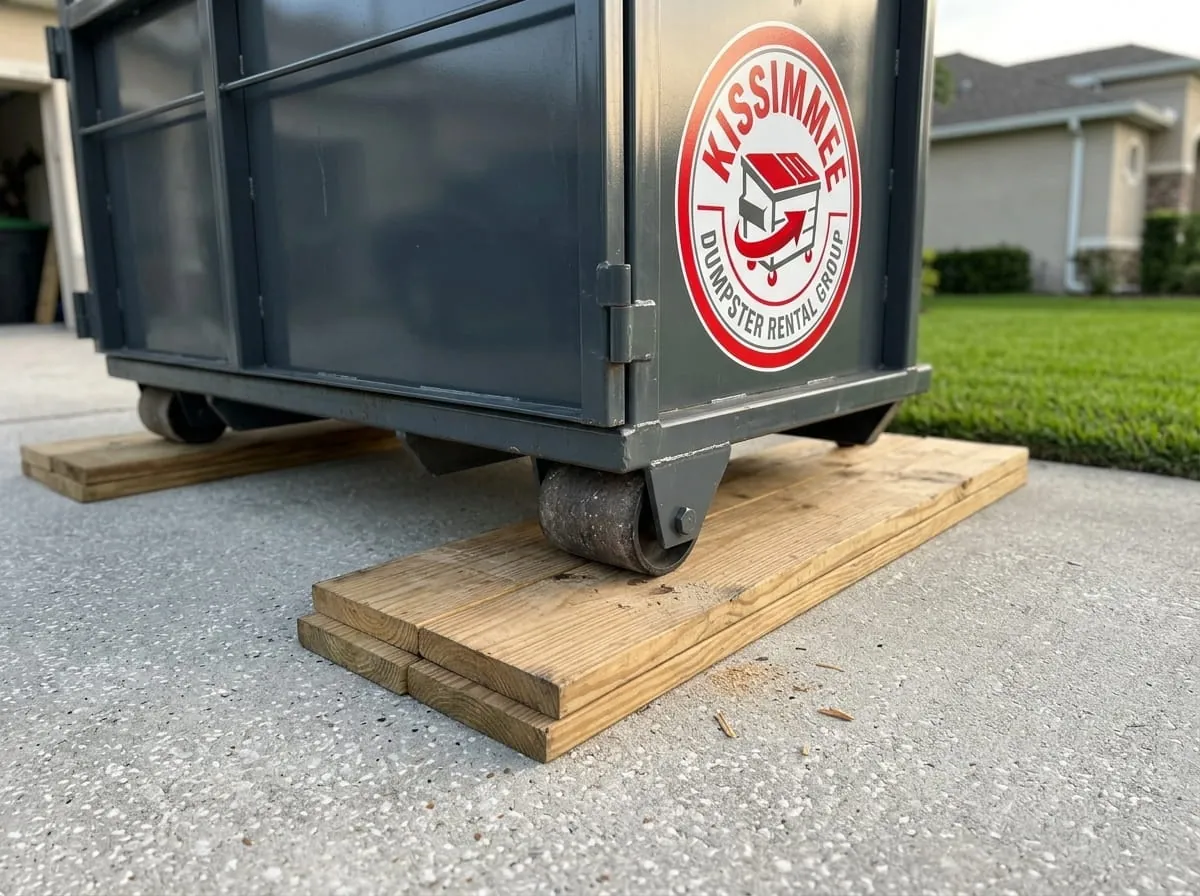 Protection boards laid under a roll-off dumpster on a driveway in Kissimmee, Florida