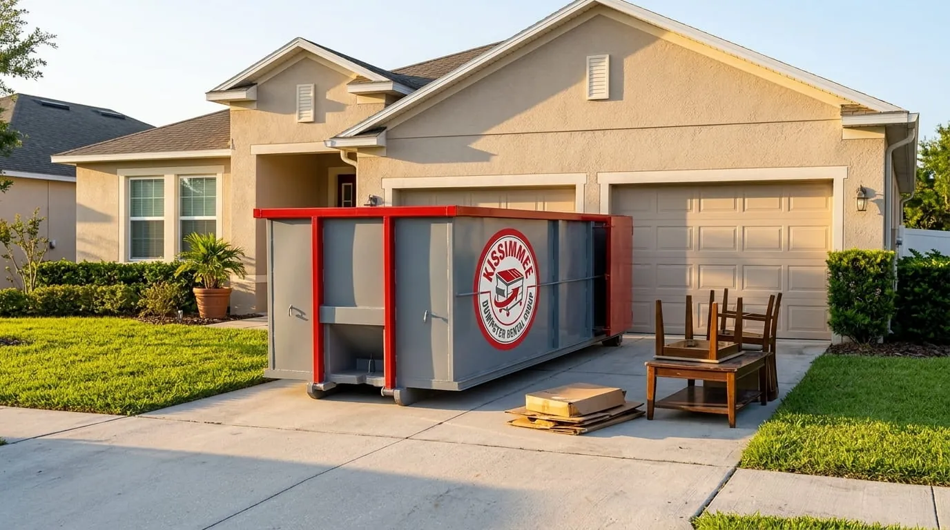 Roll-off dumpster placed on a private driveway in Kissimmee, Florida