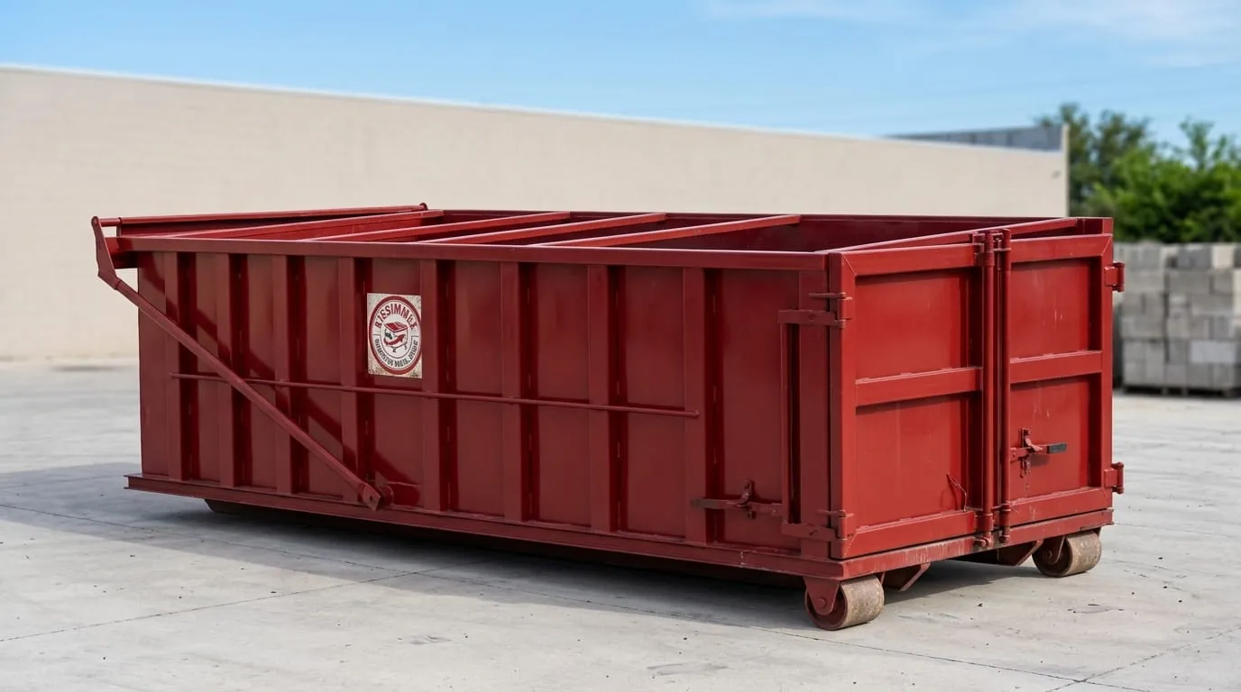 Red roll-off dumpster in service on a job site in Kissimmee, FL Red roll-off dumpster in service on a job site in Kissimmee, FL