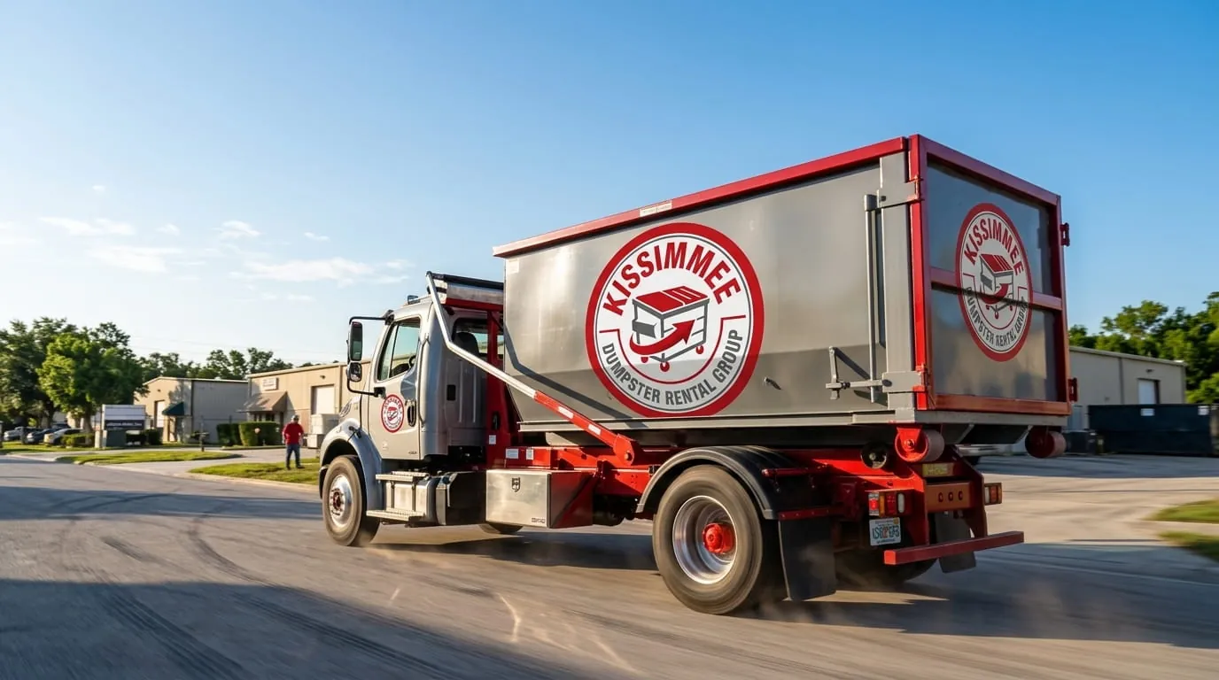 Kissimmee Dumpster Rental Group roll-off truck delivering a dumpster on a street in Kissimmee, FL Kissimmee Dumpster Rental Group roll-off truck delivering a dumpster on a street in Kissimmee, FL